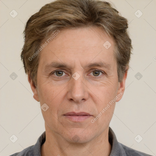 Neutral white adult male with short  brown hair and grey eyes