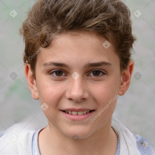 Joyful white child male with short  brown hair and brown eyes