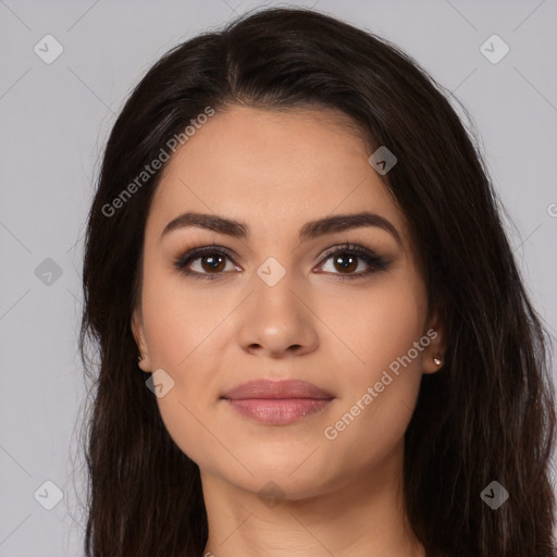 Joyful white young-adult female with long  brown hair and brown eyes