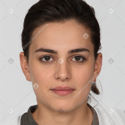 Neutral white young-adult female with short  brown hair and brown eyes