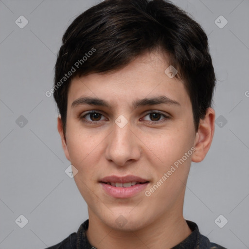 Joyful white young-adult male with short  brown hair and brown eyes