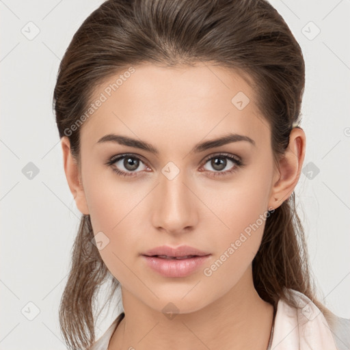 Neutral white young-adult female with medium  brown hair and brown eyes