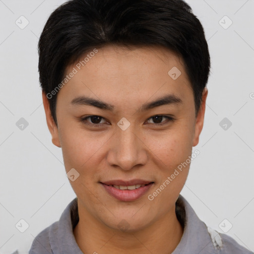 Joyful asian young-adult female with short  brown hair and brown eyes