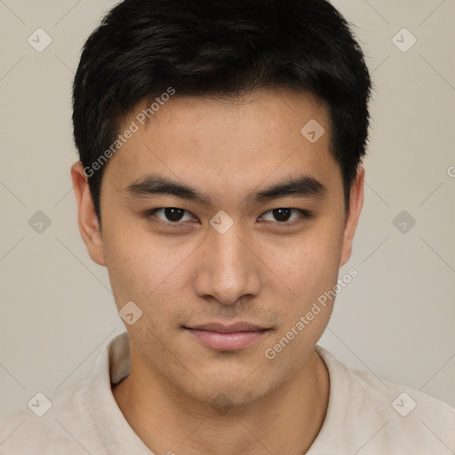 Joyful latino young-adult male with short  brown hair and brown eyes