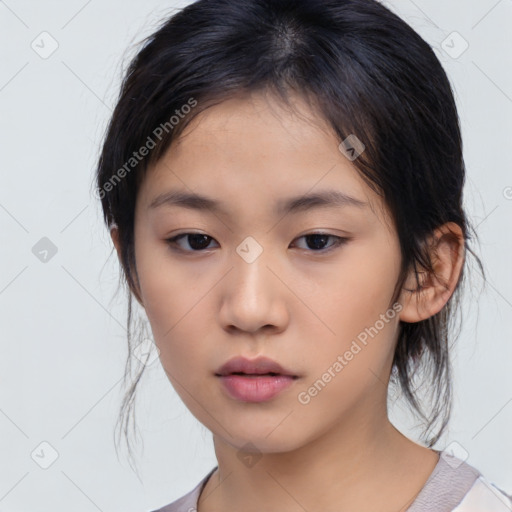 Neutral asian young-adult female with medium  black hair and brown eyes