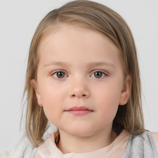 Neutral white child female with medium  brown hair and blue eyes