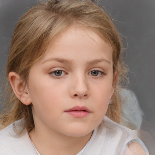 Neutral white child female with medium  brown hair and blue eyes