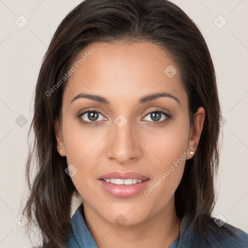 Joyful white young-adult female with long  brown hair and brown eyes