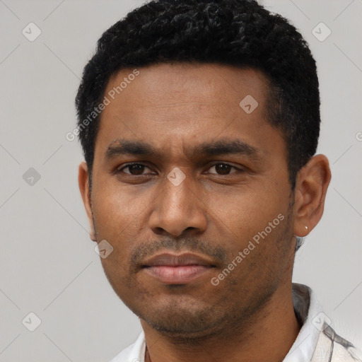 Neutral latino young-adult male with short  black hair and brown eyes
