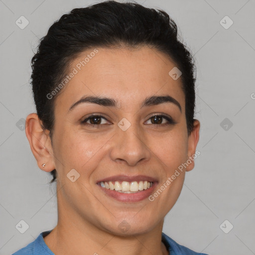 Joyful white young-adult female with short  brown hair and brown eyes