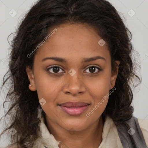 Joyful black young-adult female with long  brown hair and brown eyes