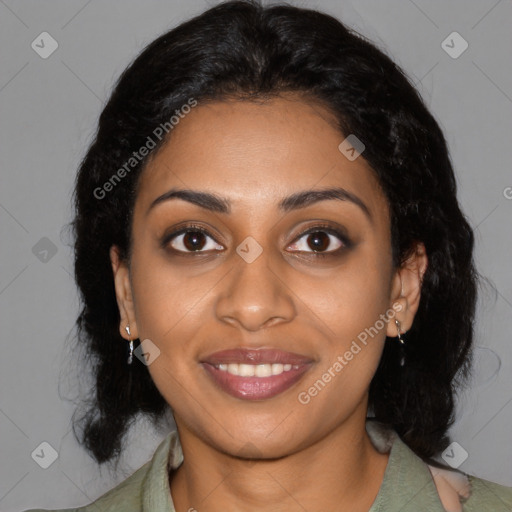 Joyful black young-adult female with medium  black hair and brown eyes