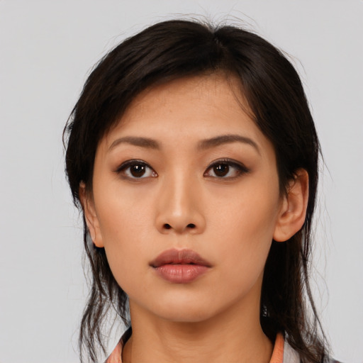 Neutral asian young-adult female with long  black hair and brown eyes