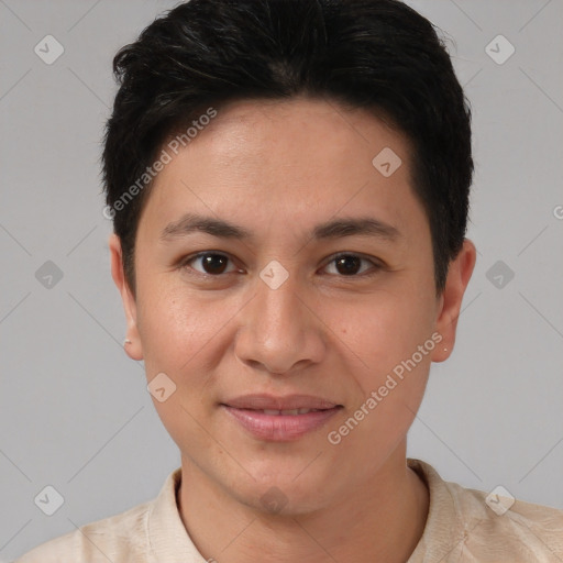 Joyful white young-adult female with short  brown hair and brown eyes