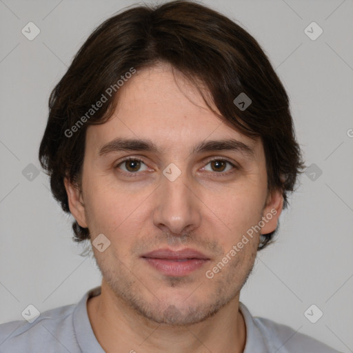 Neutral white young-adult male with short  brown hair and brown eyes