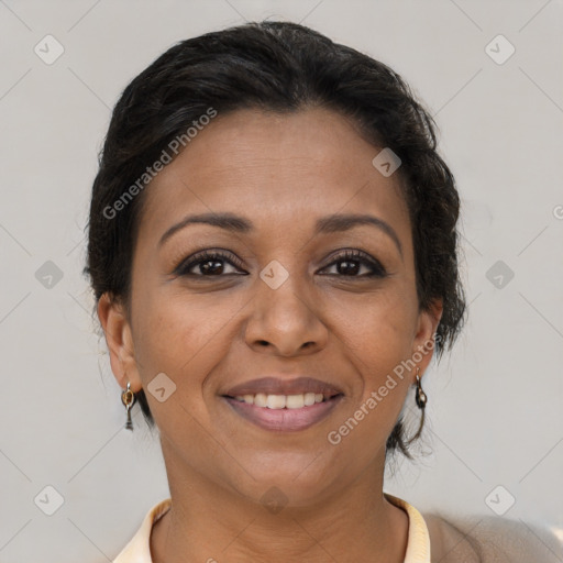 Joyful latino young-adult female with short  brown hair and brown eyes