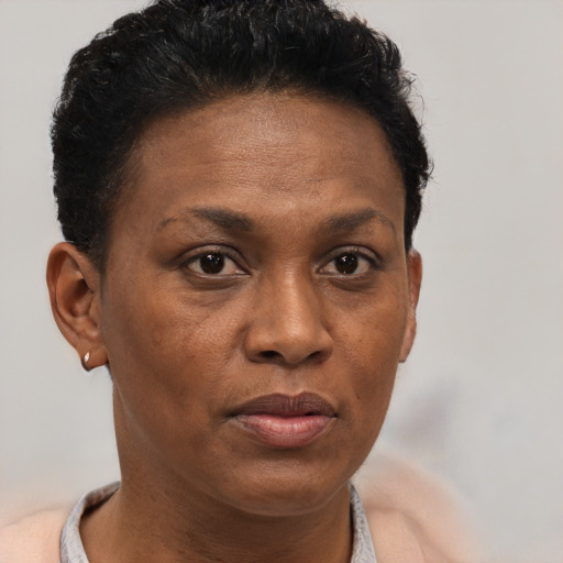 Neutral black adult female with short  brown hair and brown eyes