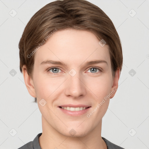 Joyful white young-adult female with short  brown hair and grey eyes