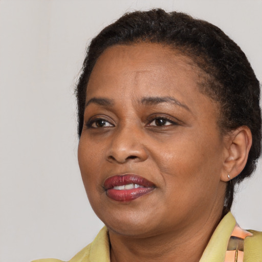 Joyful black adult female with short  brown hair and brown eyes