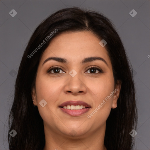 Joyful white young-adult female with long  brown hair and brown eyes