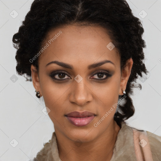 Joyful black young-adult female with long  brown hair and brown eyes