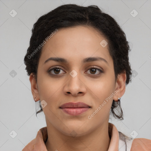 Joyful latino young-adult female with short  brown hair and brown eyes