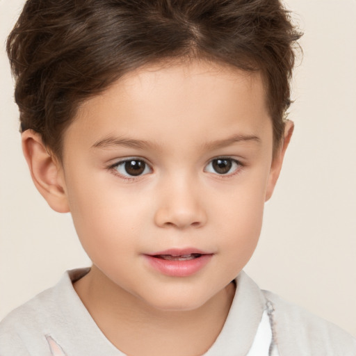 Joyful white child female with short  brown hair and brown eyes