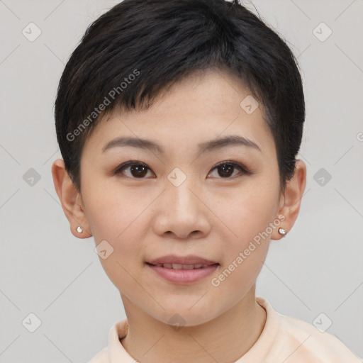 Joyful white young-adult female with short  brown hair and brown eyes