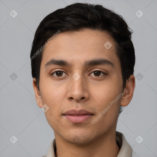 Neutral latino young-adult male with short  black hair and brown eyes