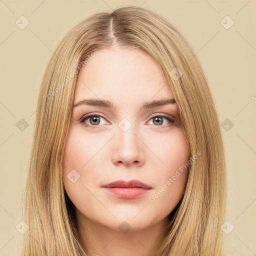 Neutral white young-adult female with long  brown hair and brown eyes