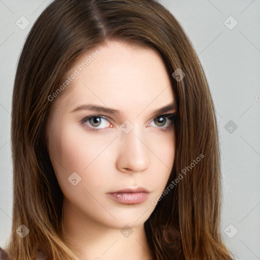 Neutral white young-adult female with long  brown hair and brown eyes