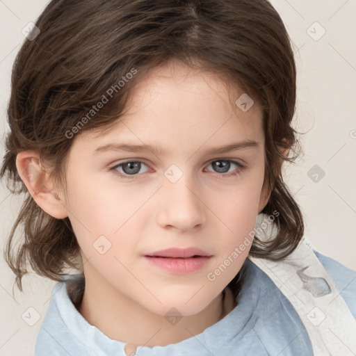 Neutral white child female with medium  brown hair and grey eyes