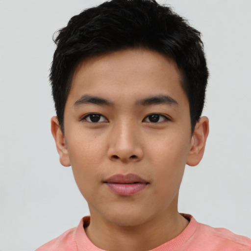 Neutral asian young-adult male with short  brown hair and brown eyes