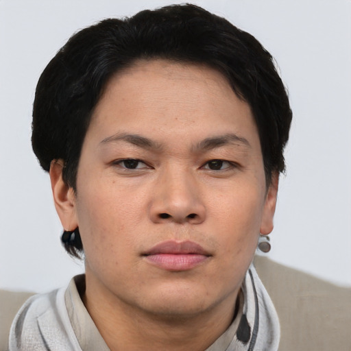 Neutral asian young-adult male with short  brown hair and brown eyes