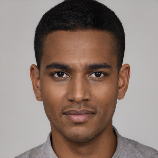Neutral black young-adult male with short  black hair and brown eyes