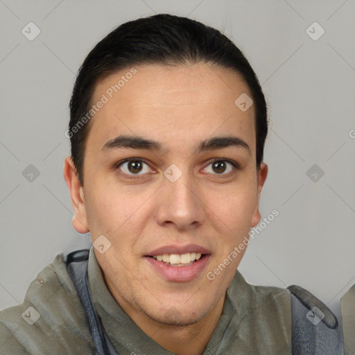 Joyful latino young-adult male with short  brown hair and brown eyes