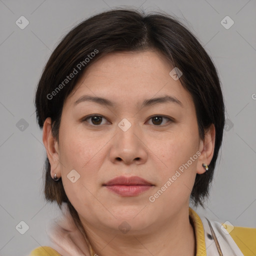 Joyful white adult female with medium  brown hair and brown eyes