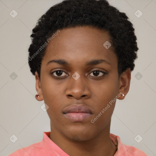 Neutral black young-adult female with short  black hair and brown eyes