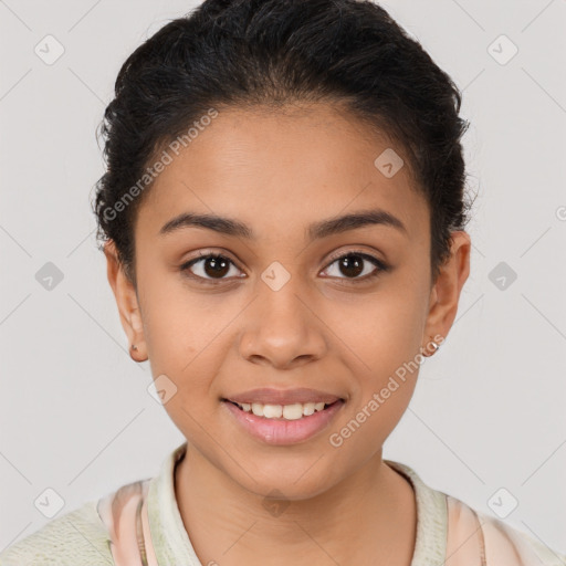 Joyful latino young-adult female with short  brown hair and brown eyes