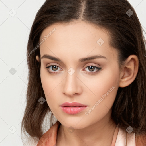 Neutral white young-adult female with long  brown hair and brown eyes