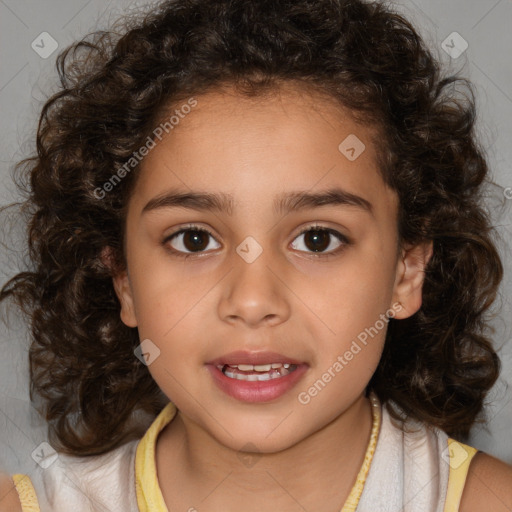 Joyful white child female with medium  brown hair and brown eyes