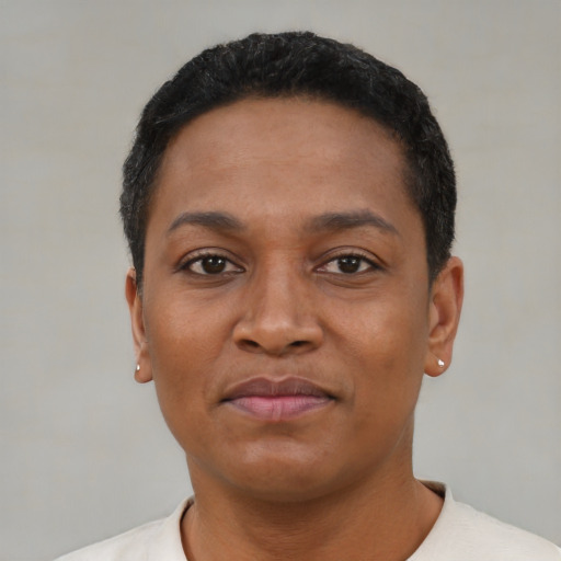 Joyful latino young-adult female with short  black hair and brown eyes