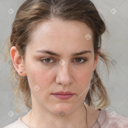 Neutral white young-adult female with medium  brown hair and grey eyes