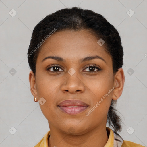 Joyful latino young-adult female with short  brown hair and brown eyes