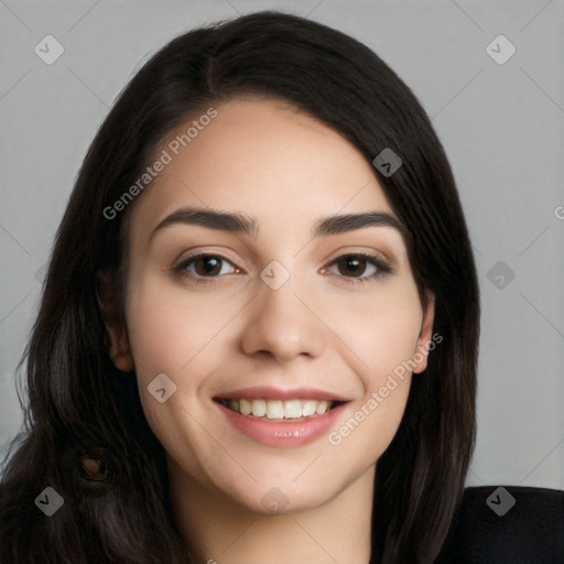 Joyful white young-adult female with long  black hair and brown eyes