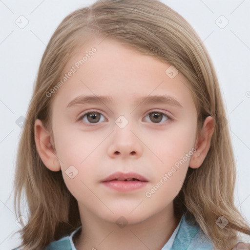 Neutral white child female with medium  brown hair and grey eyes