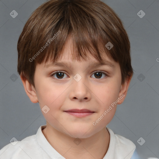 Joyful white child male with short  brown hair and brown eyes