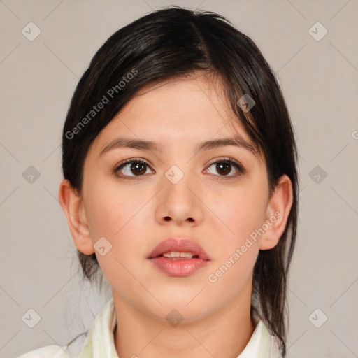 Neutral asian young-adult female with medium  brown hair and brown eyes