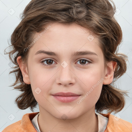 Joyful white child female with medium  brown hair and brown eyes