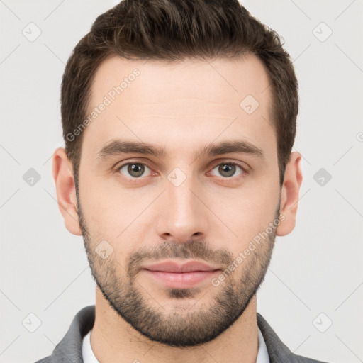 Neutral white young-adult male with short  brown hair and brown eyes